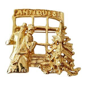 Raffine Gold Tone Brooch Antiques Store Christmas Shoppers Pin, Signed